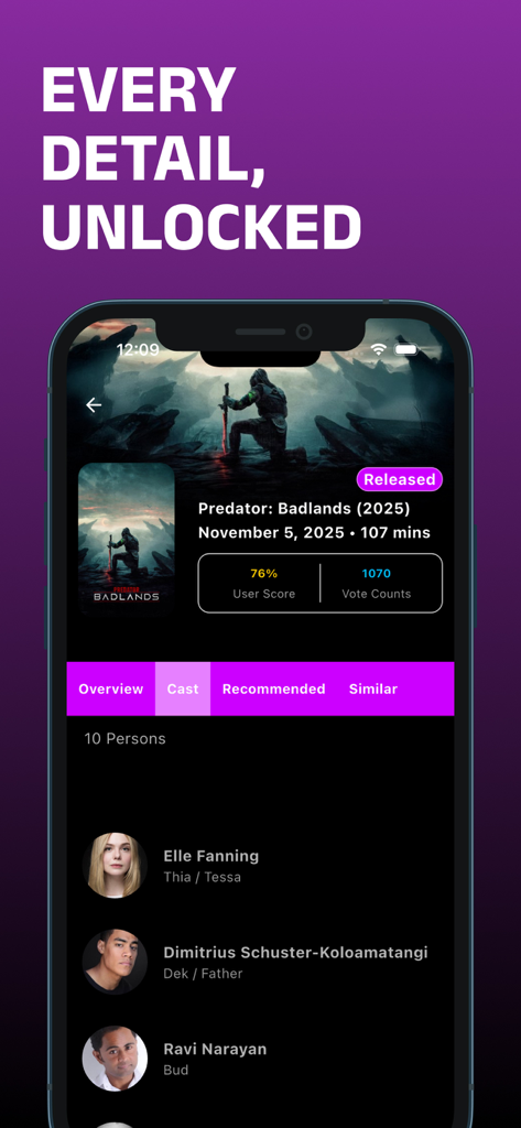 Lok l0k App-Bildschirm mit Details zur Filmbesetzung und Schauspielerinformationen