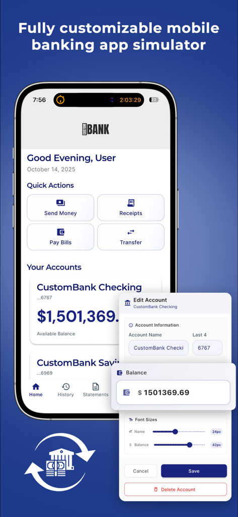 Mobile app interface of CustomBank showing customizable bank account balances and financial simulation tools