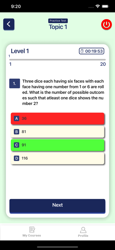 DTH Player - Mobile app screen showing a practice test question with multiple choice answers and a timer for student exam preparation