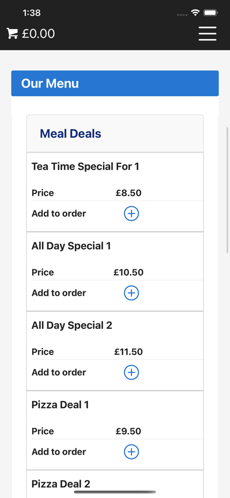 zaks - Menu screen of the Zaks app displaying various meal deals and prices.