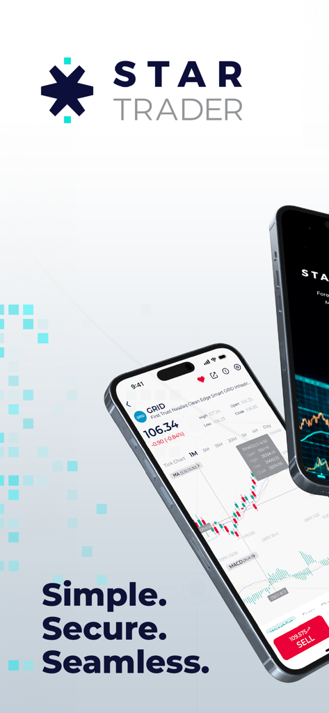 Interfaz de la aplicación de operaciones en línea STARTRADER que muestra gráficos del mercado de valores en tiempo real y el lema Simple Seguro Fluido