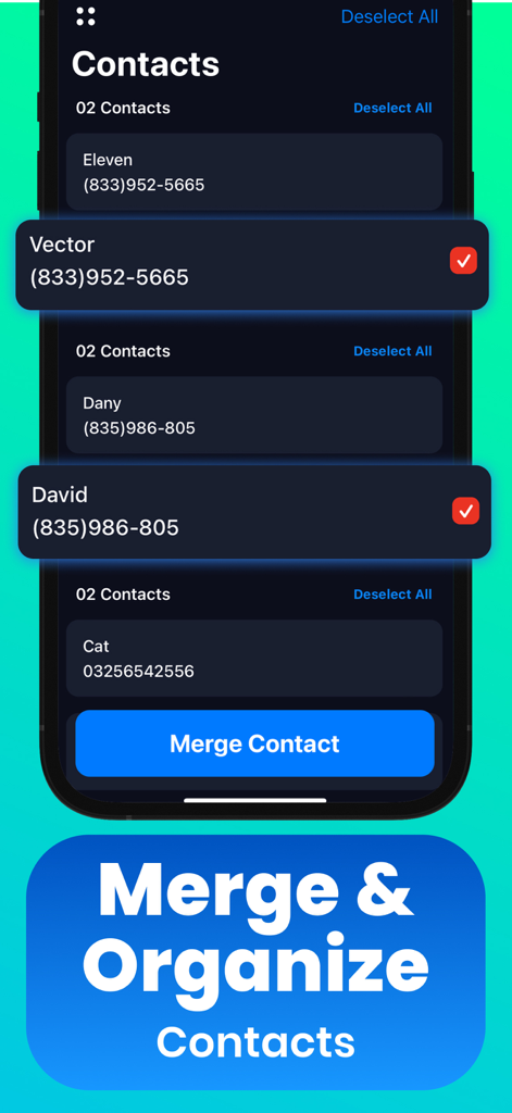 AI Phone Cleaner・Clean Storage - A mobile application interface displaying the merge and organize contacts feature with a list of duplicate names and phone numbers.