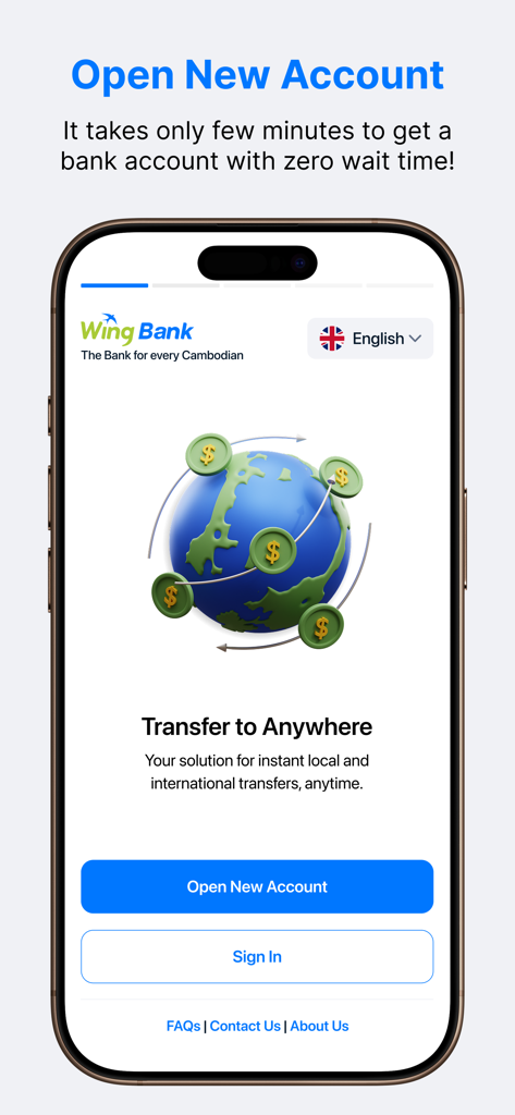 Wing Bank app screen for opening a new account and sending international money transfers