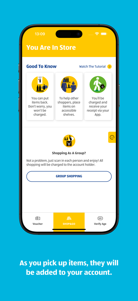In-store screen of the ALDI SHOP&GO app explaining checkout-free shopping and group shopping features