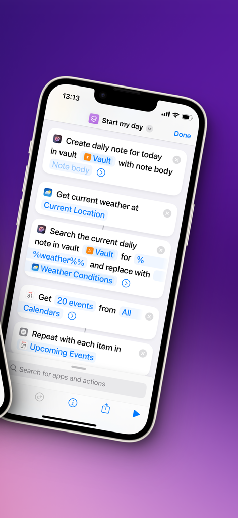 Actions For Obsidian - Um ecrã de iPhone exibindo um fluxo de trabalho de automação de Atalhos Apple para Obsidian mostrando tarefas como a criação de notas diárias e a sincronização de eventos do calendário.