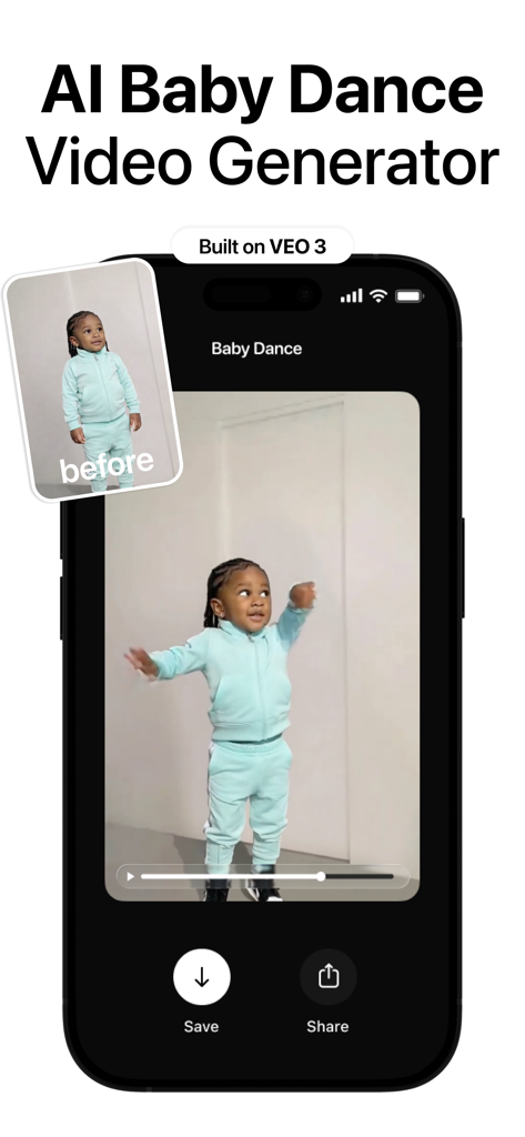 Reelify: AI Video Generation - Interfaz de la aplicación Reelify mostrando el Generador de Vídeo de Baile de Bebé con IA con una comparación de antes y después de un niño pequeño.