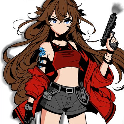 bad girl wearing crop top holding a gun long hair anime