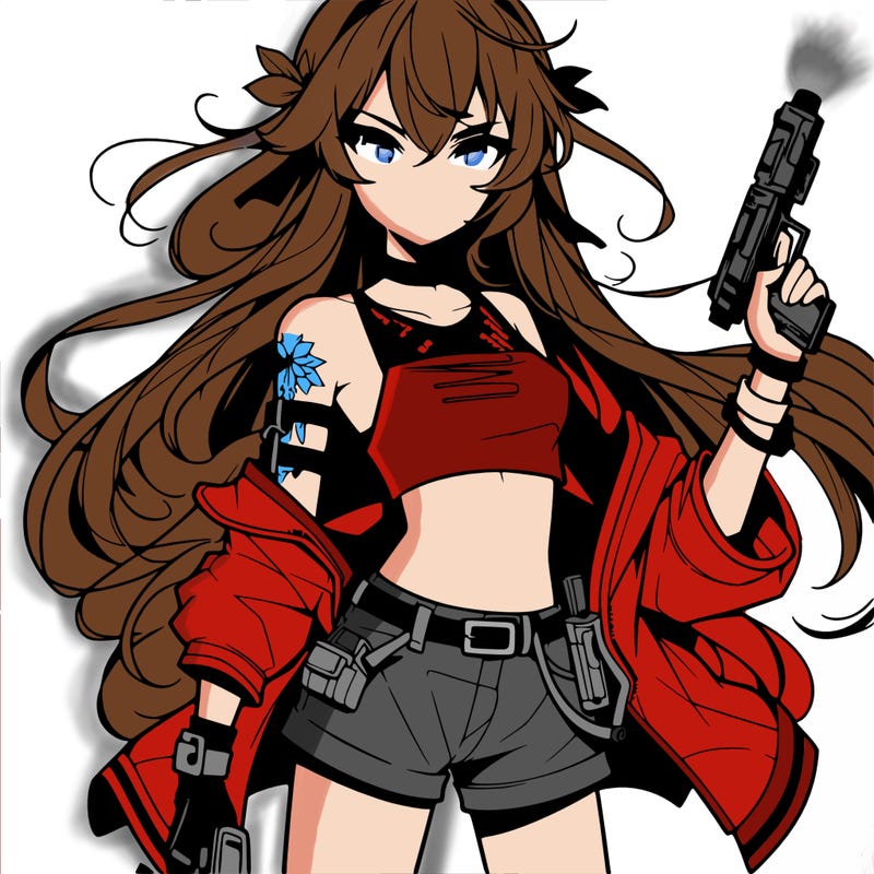 bad girl wearing crop top holding a gun long hair anime