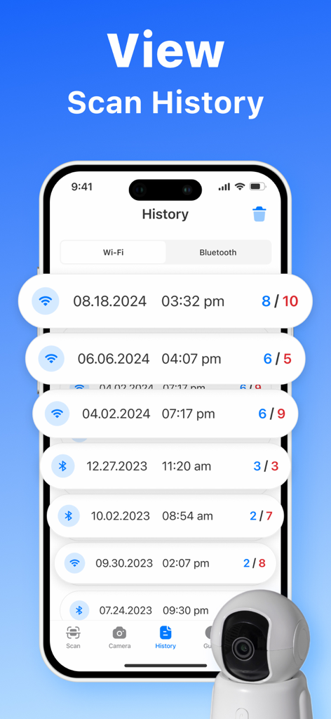 Hidden Spy Camera Detector App - 숨겨진 몰래카메라 탐지 앱 인터페이스에 이전 WiFi 및 블루투스 스캔 결과가 날짜와 장치 수와 함께 표시됨
