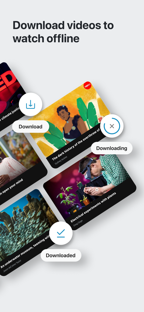 TED Talks app interface showing the offline video download feature
