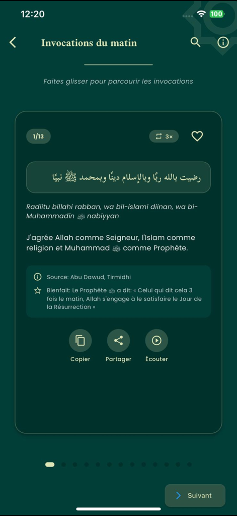 Morning invocations screen in the Noor Islamic app with Arabic and French text