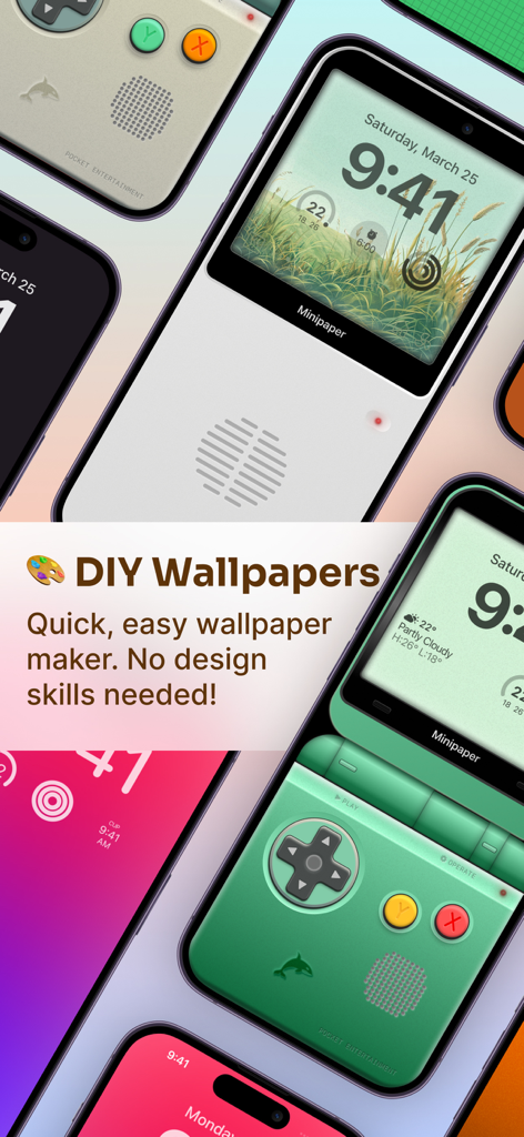 Minipaper: Wallpaper Maker - Mehrere iPhone-Bildschirme, die benutzerdefinierte Retro-Handheld-Konsolen-Hintergrundbilder von der Minipaper-App zeigen