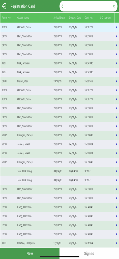 Eco-Sign Series 2 - Digital guest registration list in the Eco-Sign Series 2 app for hotel front desk operations