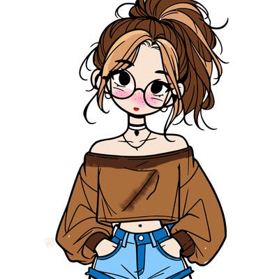 girl with a messy ponytail glasses a baggy crop top and jean shorts