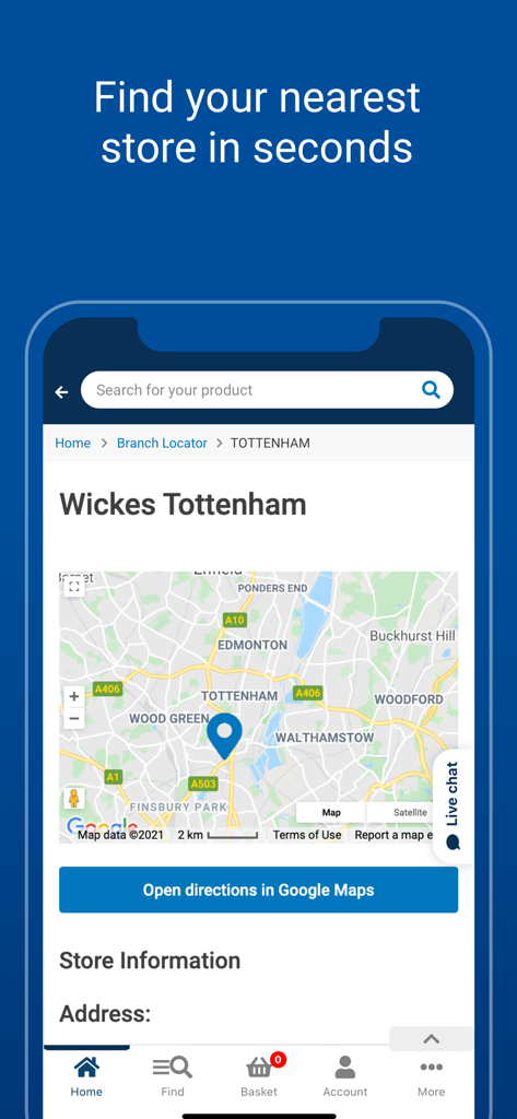 Wickes - DIY - Wickes DIY app store locator screen showing a map for the Tottenham branch with an option to open directions in Google Maps