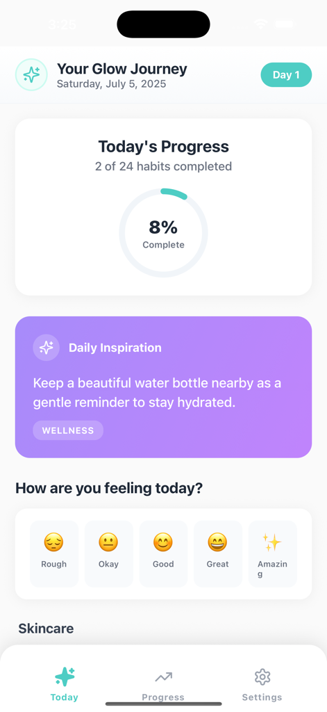 Glow Up - GlowUp Tracker - Dashboard of the Glow Up app showing daily habit completion progress and mood tracking