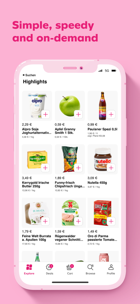 A screenshot of the Flink app displaying a highlights section with various grocery items available for quick delivery