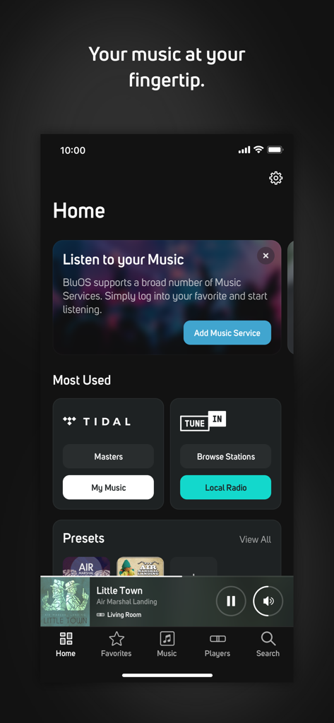 BluOS Controller - Die Startseite der BluOS Controller-App mit Tidal- und TuneIn-Integration