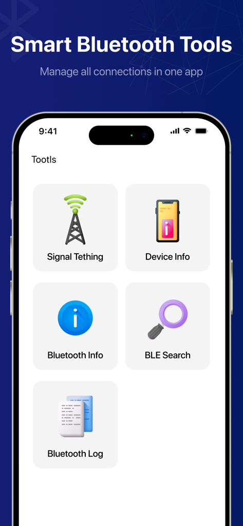 Bluetooth Auto Connect - Dashboard of the Bluetooth Auto Connect app on iPhone showing features like BLE Search and Bluetooth Log.