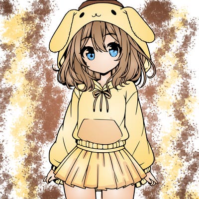 pretty anime girl wearing a fluffy hoodie with bunny ears on the hood and a skirt