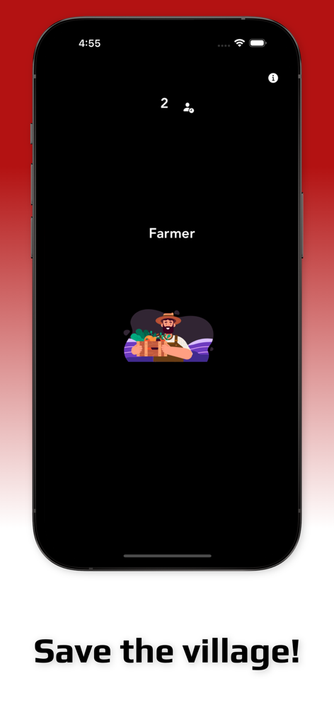 The Wolf: Party Game - Smartphone screen showing the Farmer character role in The Wolf Party Game with the text Save the village