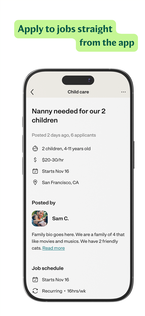 Care.com Caregiver: Find Jobs - 급여율 및 위치 세부 정보가 포함된 보모 구인 게시물을 보여주는 모바일 앱 화면