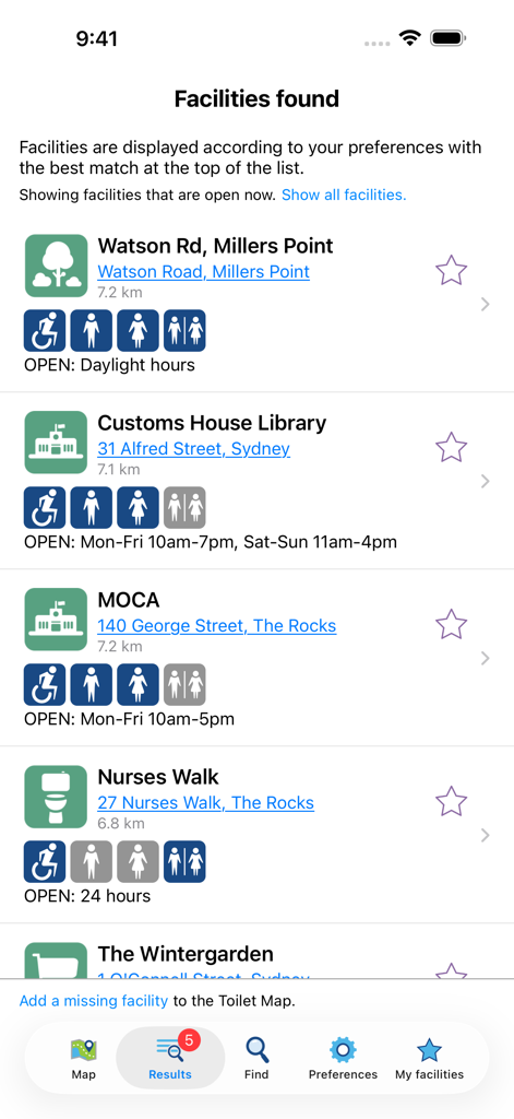 National Public Toilet Map - List of nearby public toilet facilities in Australia with accessibility icons and opening hours