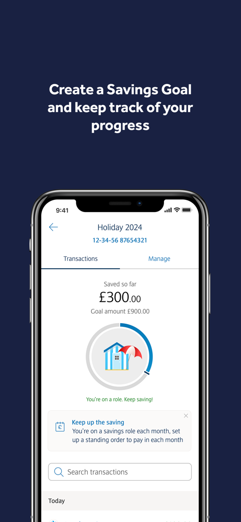 Barclays UK - Barclays UK App Benutzeroberfläche, die einen Sparziel-Tracker für den Urlaub 2024 zeigt