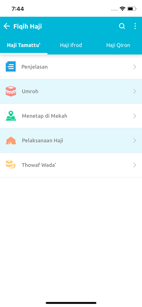 Bekal Haji & Umroh - Bekal HajiとUmrahアプリのハッジ法学メニュー。ハッジタマッツなどの巡礼の種類と、ウムラおよびメッカ滞在の手順が表示されます。