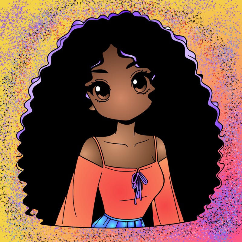 a black anime girl with long afro hair