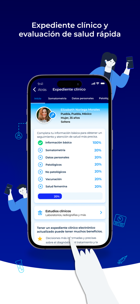 Smartphone displaying a digital medical record interface with a personal health profile and completion checklist