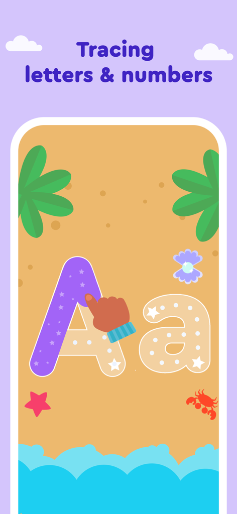 Keiki Learning games for Kids - A child's hand tracing the letter A in the Keiki learning app with a beach theme.