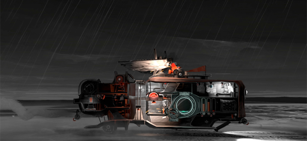 A large mechanical land vessel traveling through a rainy landscape at night in the game FAR Lone Sails