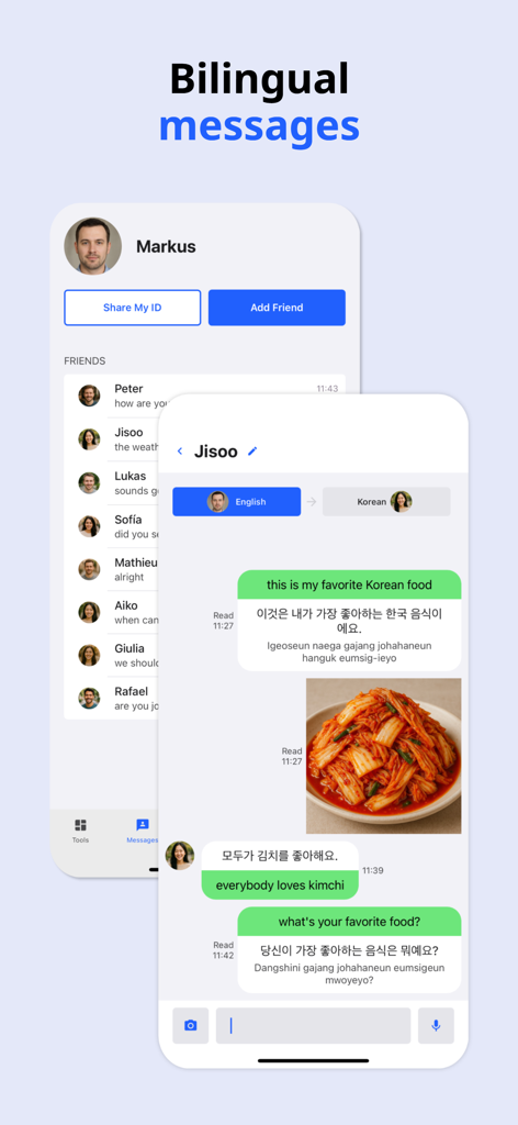 Language Pro - Language Pro app interface showing a bilingual messenger with real-time translation between English and Korean