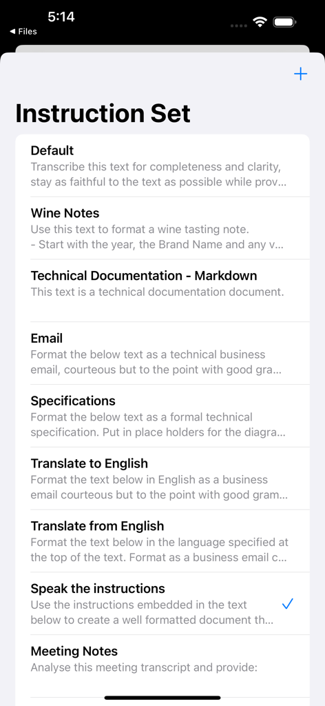 Knowte Transcribe - A list of custom AI formatting presets in the Knowte Transcribe app including meeting notes and technical documentation