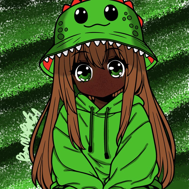 girl with anime shaped eyes with a dinosaur bucket hat oversized sweatshirt long straight hair