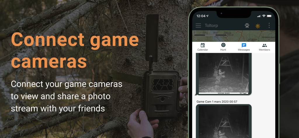 WeHunt app interface displaying a photo stream from a game camera mounted on a tree