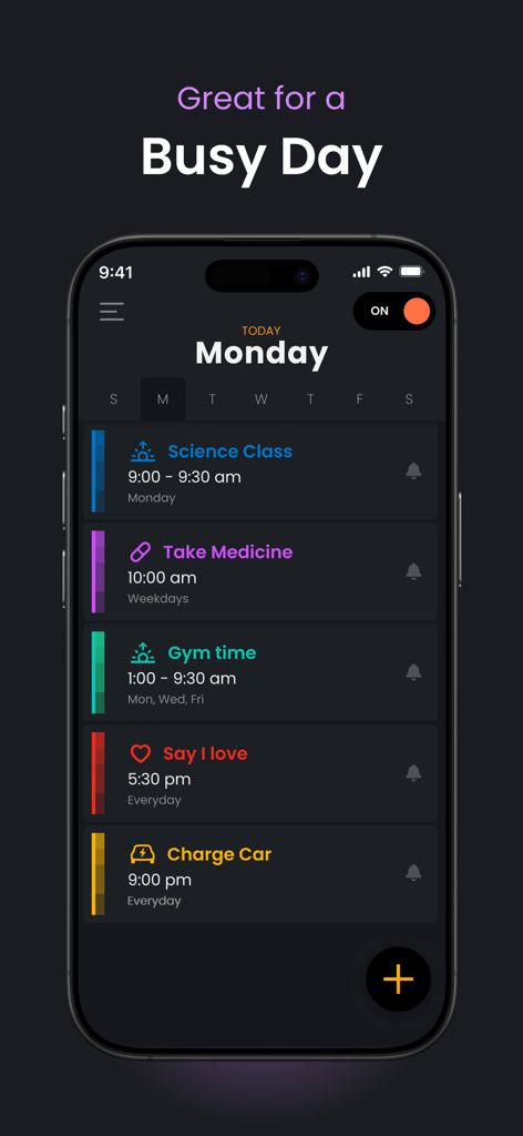 iPhone screen showing the Nudge app interface with a list of daily reminders for Monday including medicine and gym time