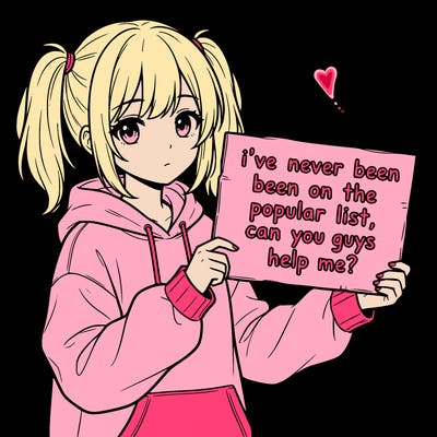 a cute anime girl with a sign saying  i’ve never been on the popular list, can you guys help me?
