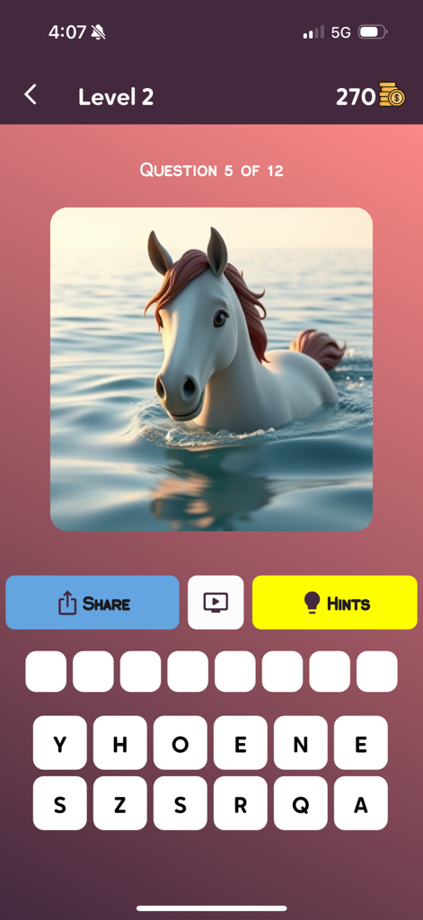 AI image of a horse swimming in the sea as a visual riddle in the MindBlow quiz app
