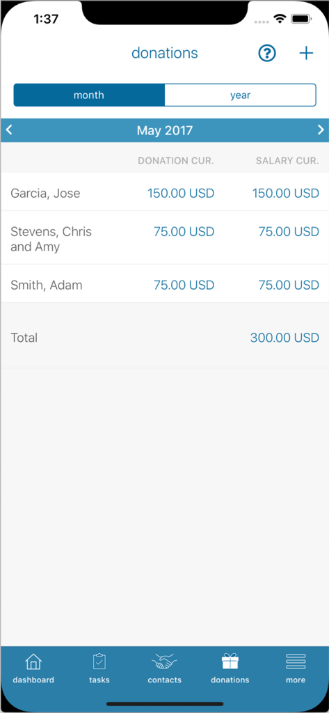 MPDX - A list of monthly donations showing donor names and amounts in the MPDX app