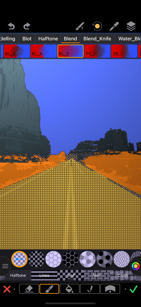 Interface of the ReColor app showing a halftone dot pattern applied to a road in a landscape photo.