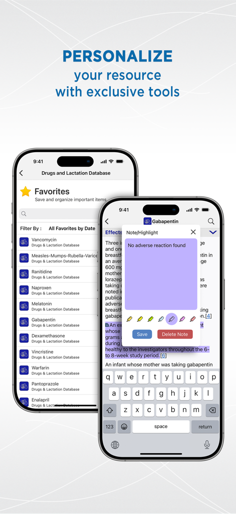 LactMedアプリのインターフェース。医療情報のお気に入りリストとメモ機能が表示されます。