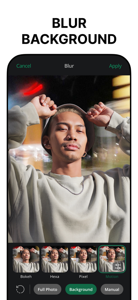 Background Eraser, AI - AppCut - AppCut app interface showing the motion blur background tool applied to a portrait