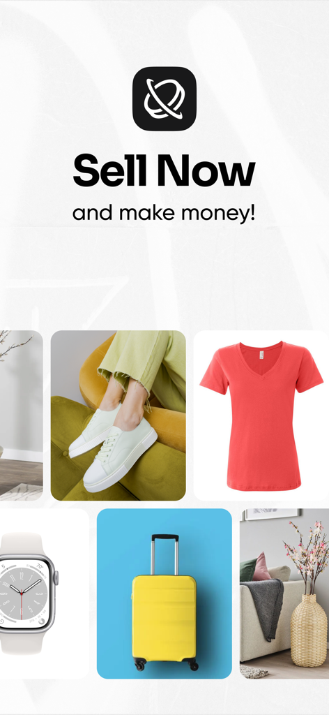 Flipgoo - Buy & Sell - Flipgoo app screen displaying various lifestyle items like shoes and a watch with the text Sell Now and make money