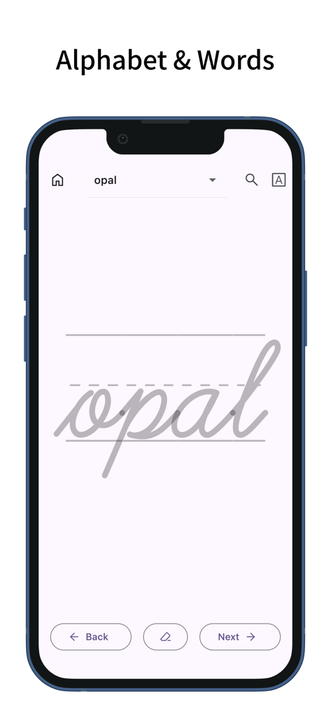 Cursive: Learn Cursive - Uno schermo di smartphone che mostra la parola 'opal' in corsivo per esercitarsi nel tracciamento.