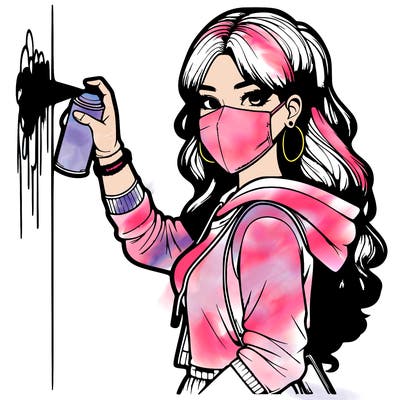 realistic girl with mask spray painting a wall