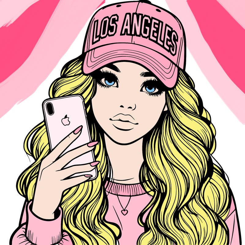 realistic beautiful girl wearing los ángeles cap holding an iphone