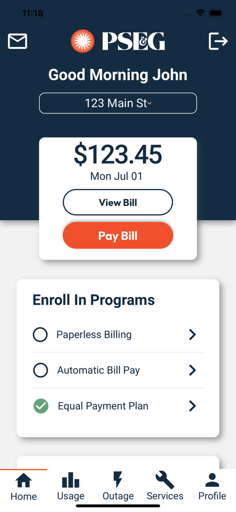 PSE&G - PSEG mobile app home screen showing bill amount and payment options
