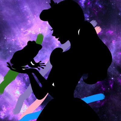 a shadow of a princess holding a frog realistic